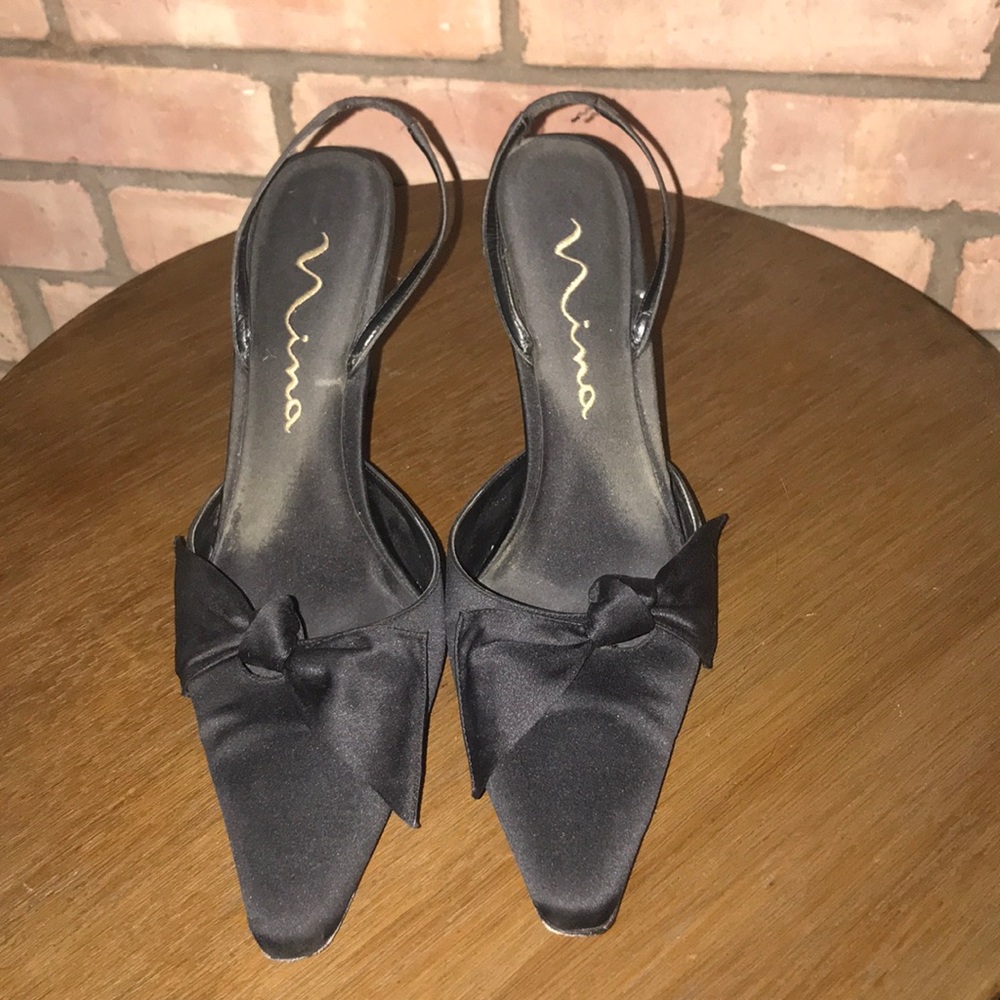 Nina Shapely Black Luster Heels with backstrap